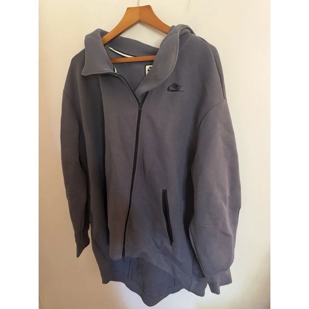Nike Sportswear Tech Fleece Full Zip Hoodie Blue Grey High Low Hem Womens XL